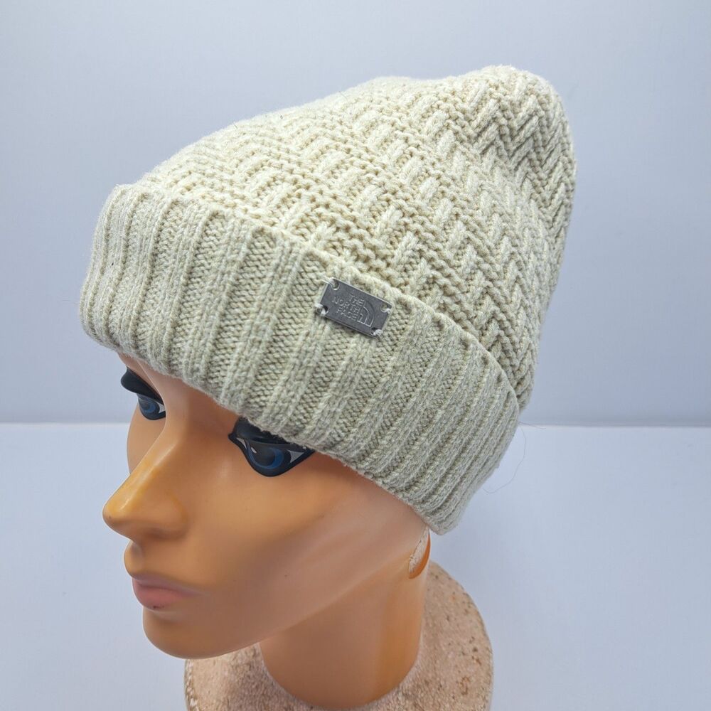 The North Face Womens Fleece Lined Beanie Hat Cream Herringbone